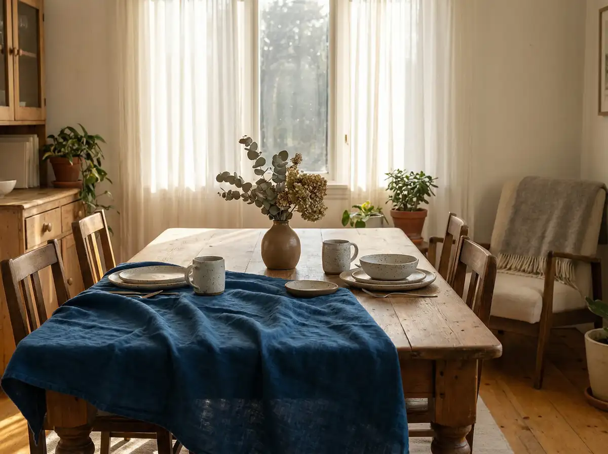 手染靛蓝桌布 - 植物染餐桌布艺 | 麻豆