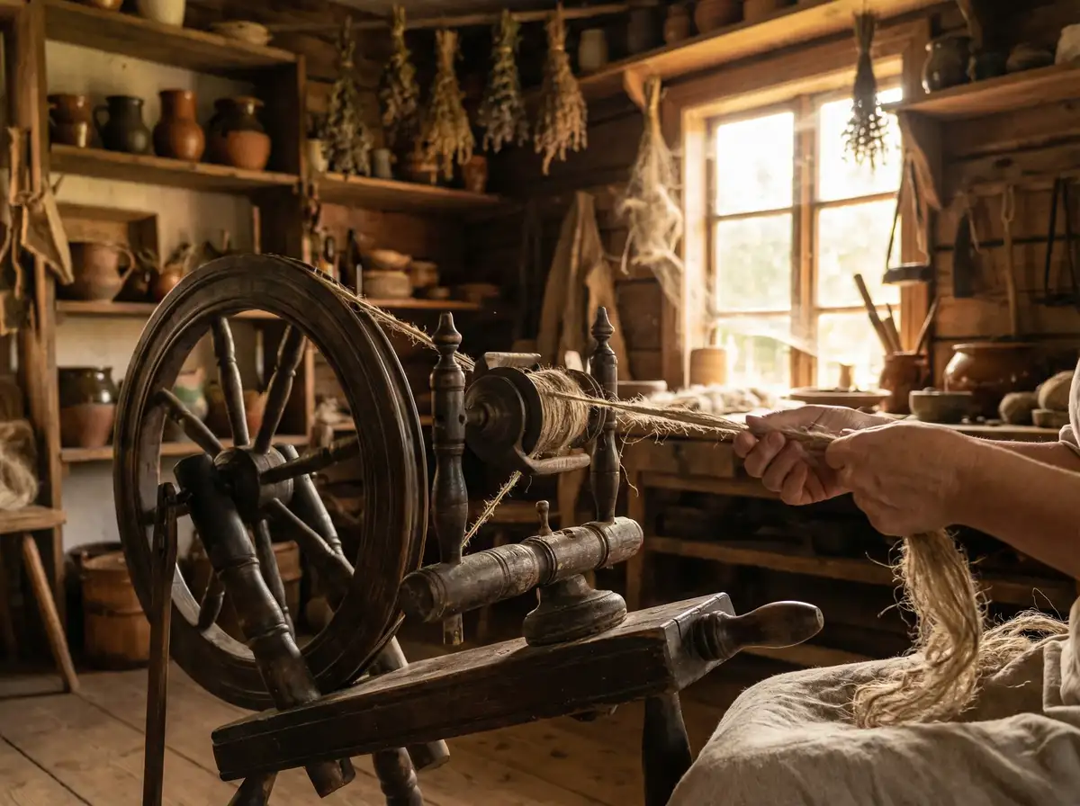 手摇纺车纺麻线 - 传统纺织工艺 | 麻豆